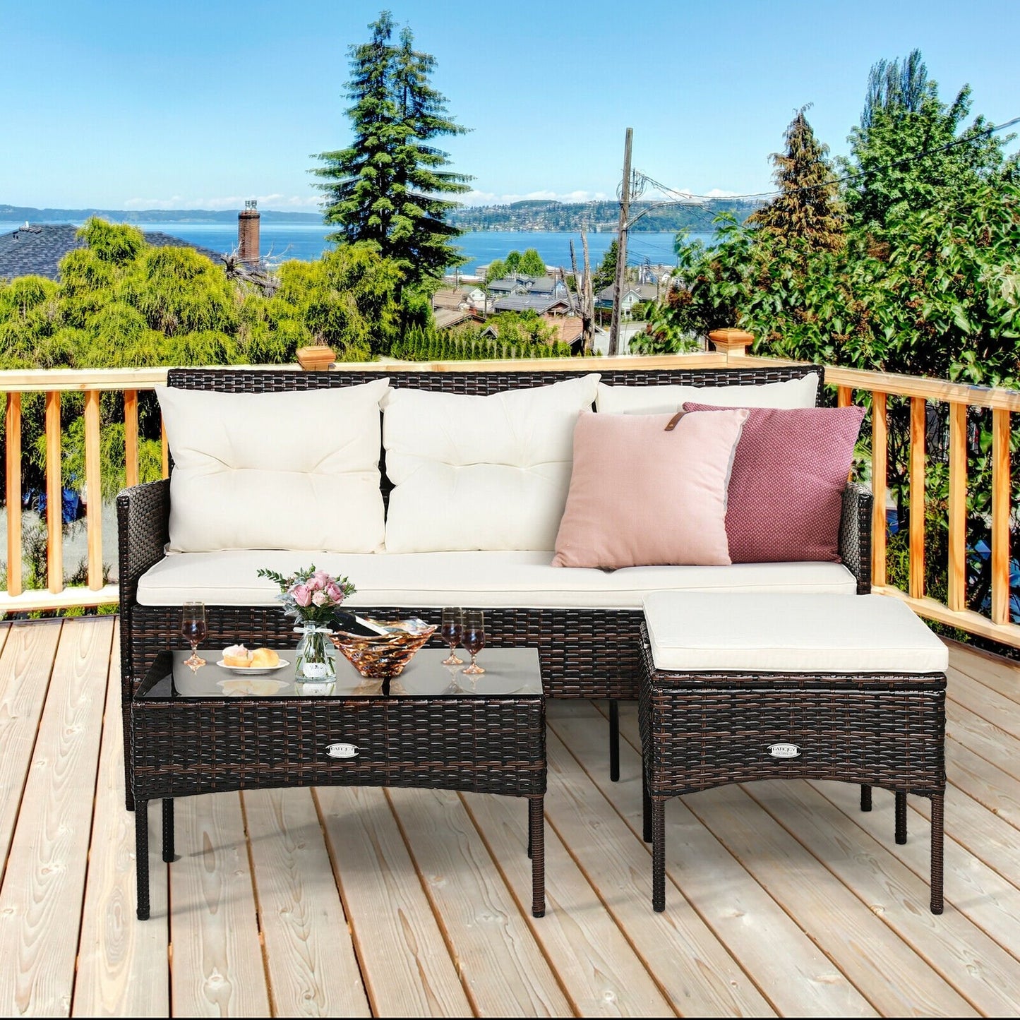 3 Pieces Patio Furniture Sectional Set with 5 Cozy Cushions-Black