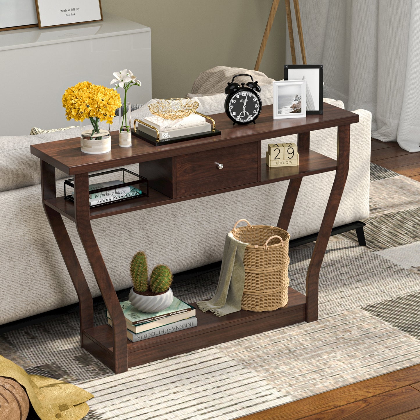 Modern Sofa Accent Table with Drawer-Brown