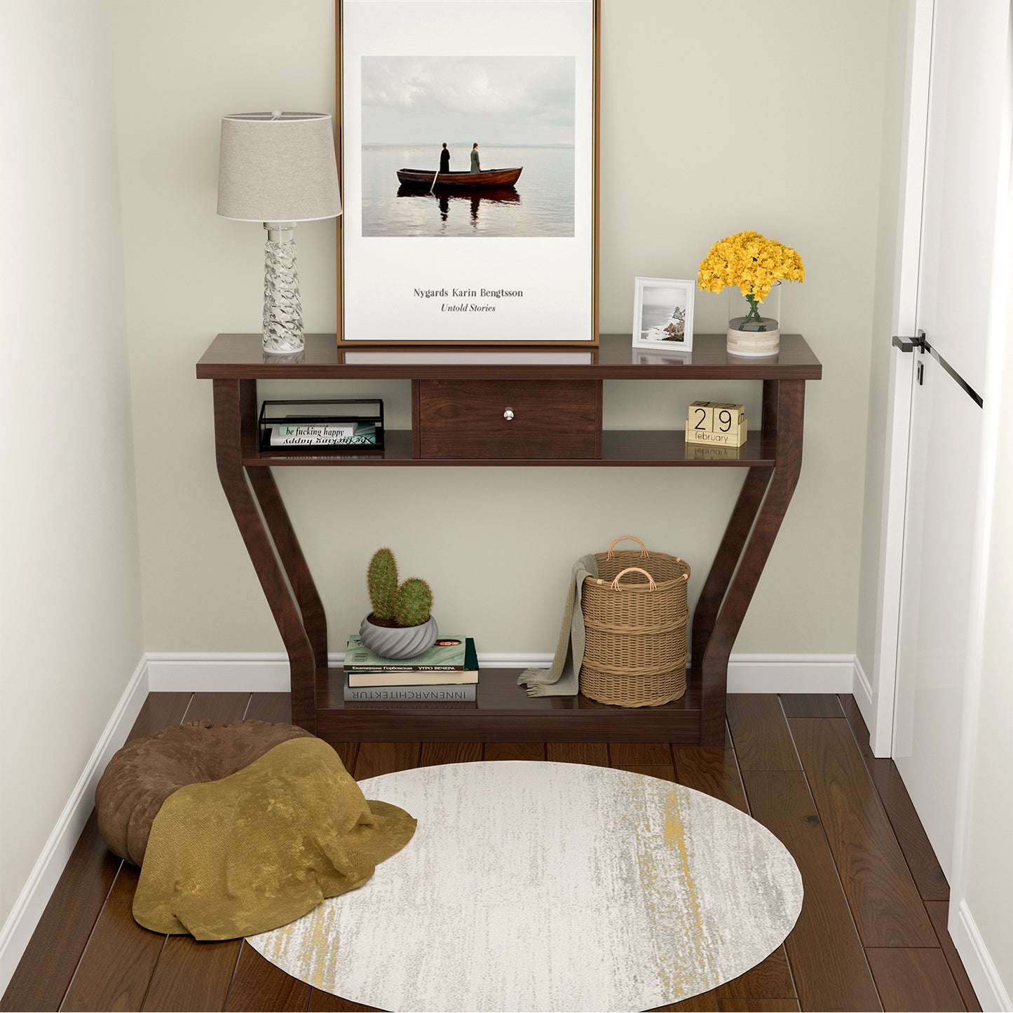 Modern Sofa Accent Table with Drawer-Brown