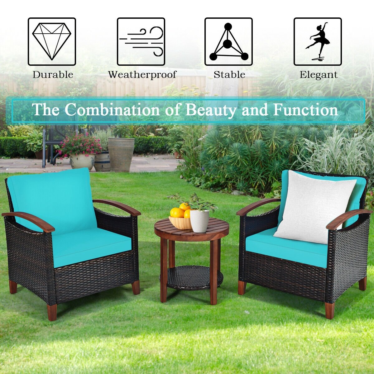 3 Pieces Patio Wicker Furniture Set with Washable Cushion and Acacia Wood Tabletop-Beige