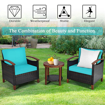 3 Pieces Patio Wicker Furniture Set with Washable Cushion and Acacia Wood Tabletop-Beige