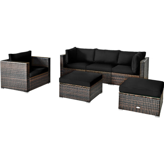 6 Pieces Patio Rattan Furniture Set with Sectional Cushion-Black