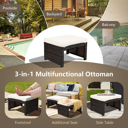 2 Pieces Patio Rattan Ottomans with Soft Cushion for Patio and Garden-Gray