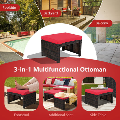 2 Pieces Patio Rattan Ottomans with Soft Cushion for Patio and Garden-Gray