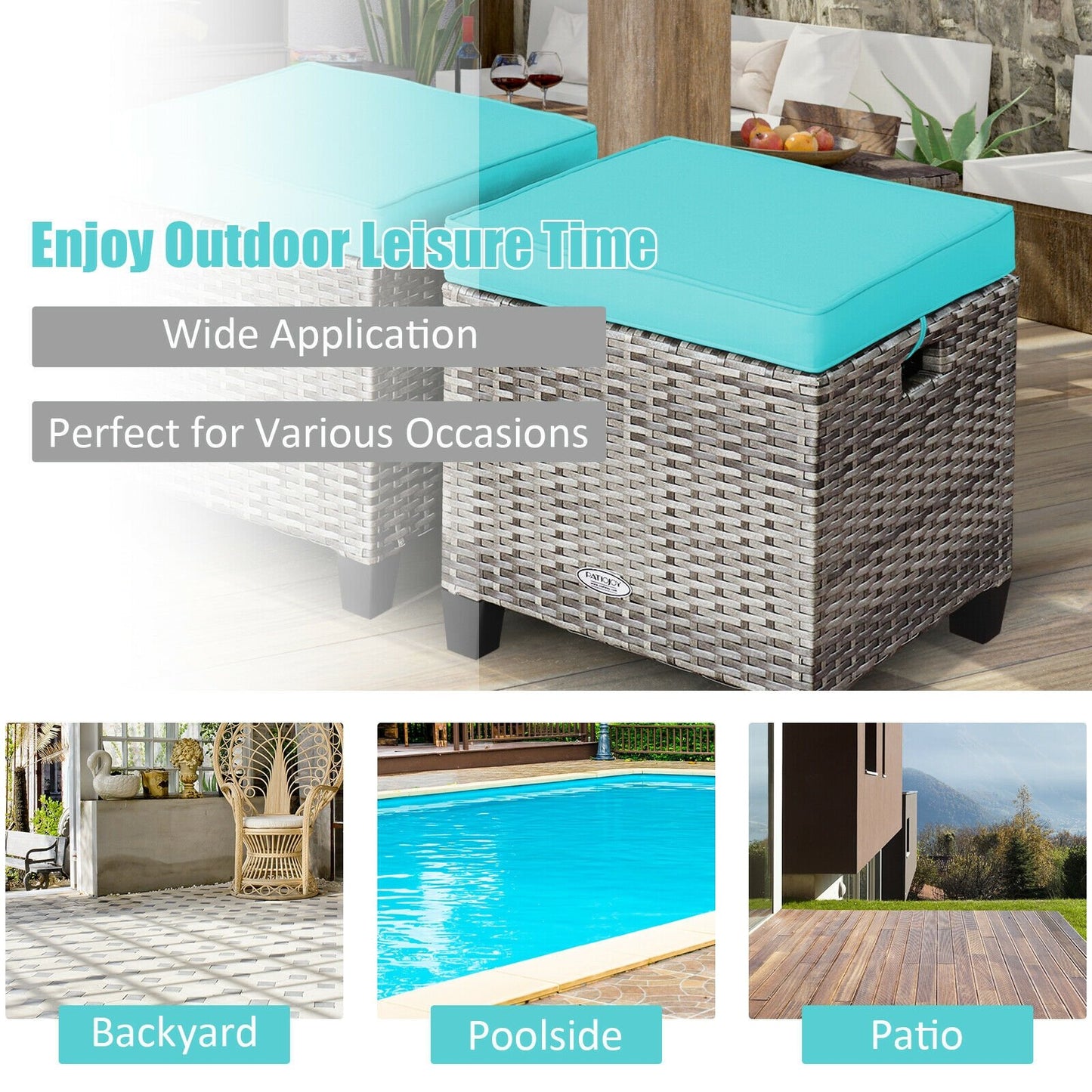 2 Pieces Patio Rattan Ottoman Seat with Removable Cushions-Beige