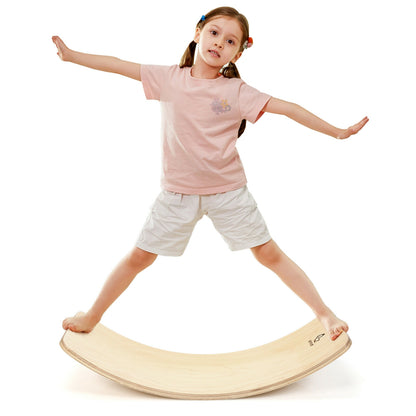 35 Inch Wooden Wobble Balance Board Kids Rocker Yoga Curvy Board Toy with Felt Layer-Natural