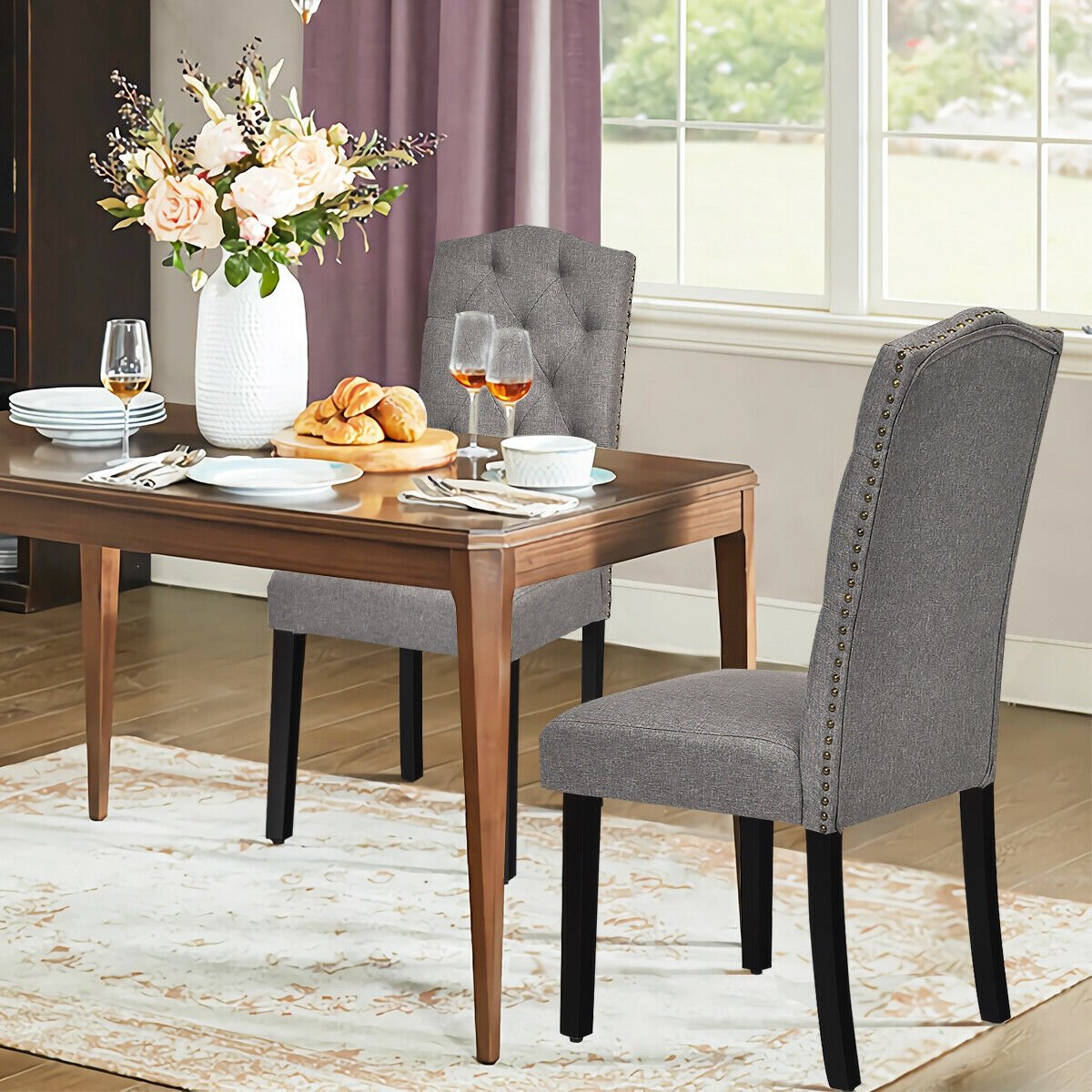 Set of 2 Tufted Upholstered Dining Chairs-Beige
