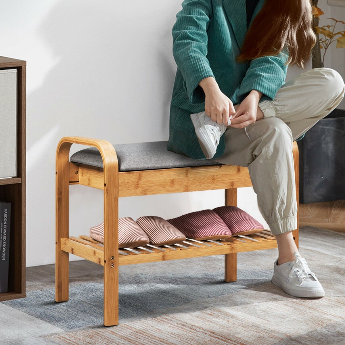 Shoe Rack Bench Bamboo with Storage Shelf -Natural