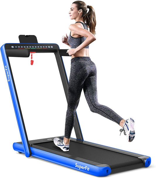 2-in-1 Electric Motorized Health and Fitness Folding Treadmill with Dual Display-Blue