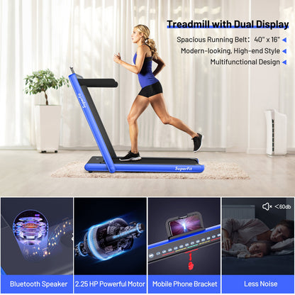 2-in-1 Electric Motorized Health and Fitness Folding Treadmill with Dual Display-Blue