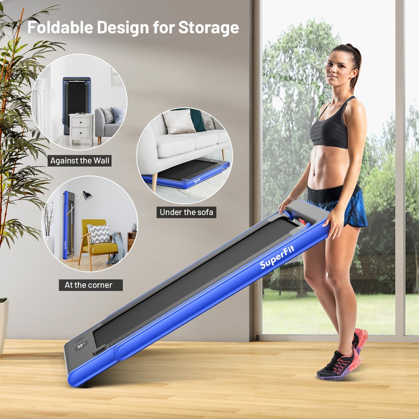 2-in-1 Electric Motorized Health and Fitness Folding Treadmill with Dual Display-Blue