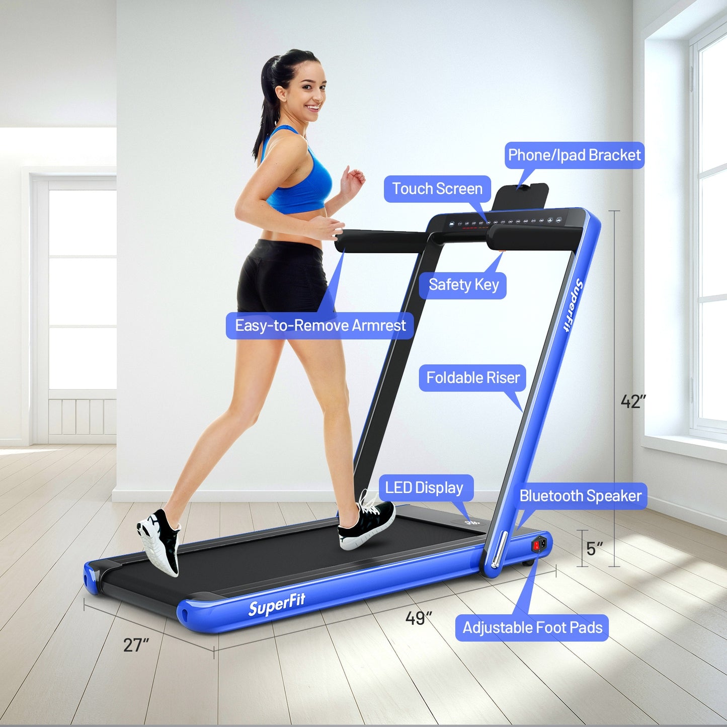 2-in-1 Electric Motorized Health and Fitness Folding Treadmill with Dual Display-Blue