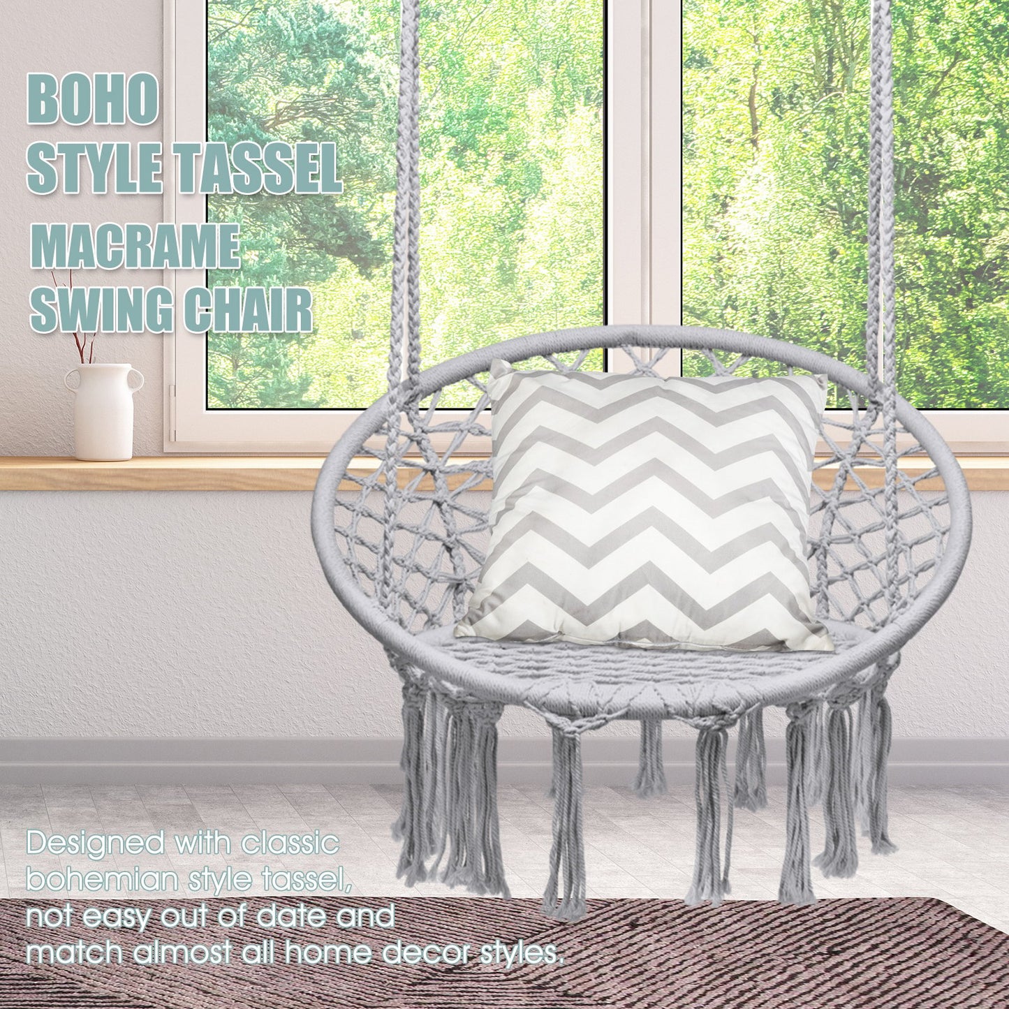 Hanging Macrame Hammock Chair with Handwoven Cotton Backrest-Black