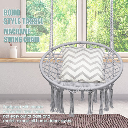 Hanging Macrame Hammock Chair with Handwoven Cotton Backrest-Black