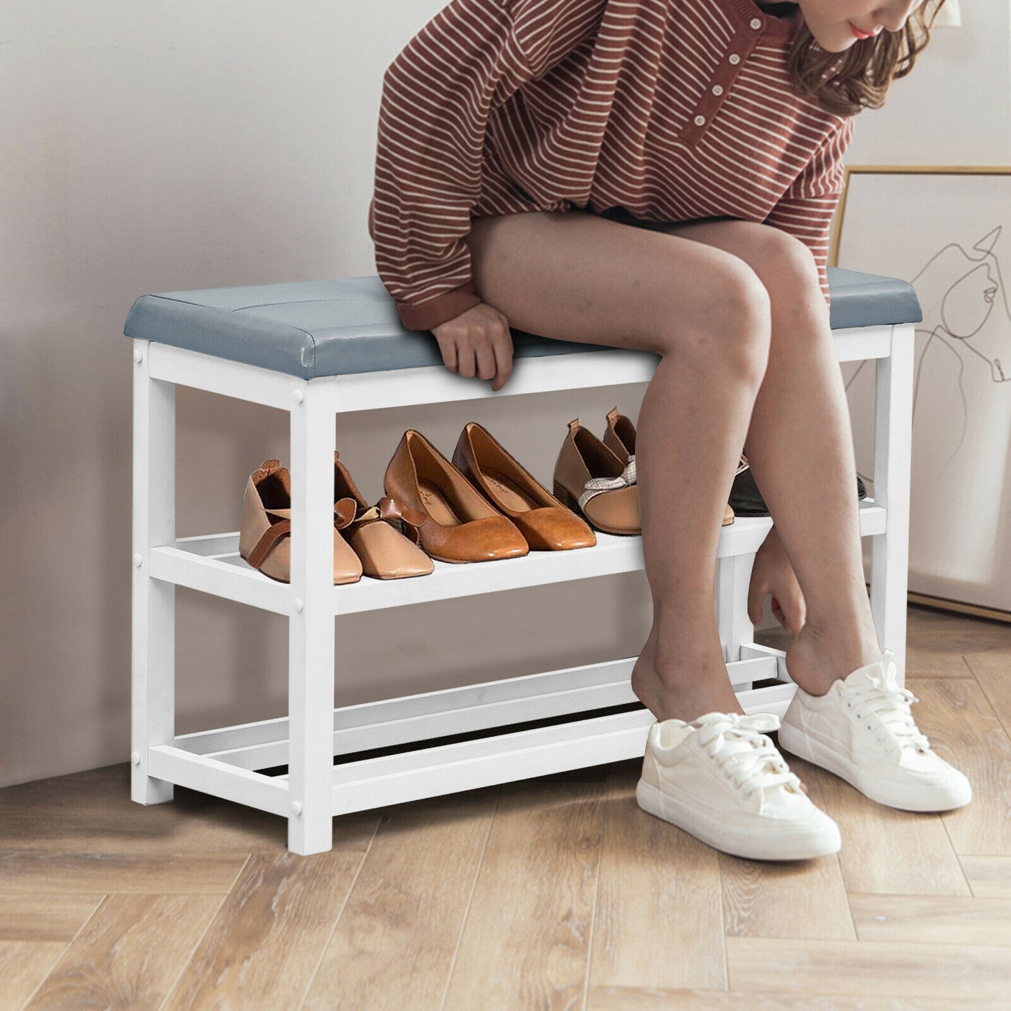 2-Tier Wooden Shoe Rack Bench with Padded Seat-White