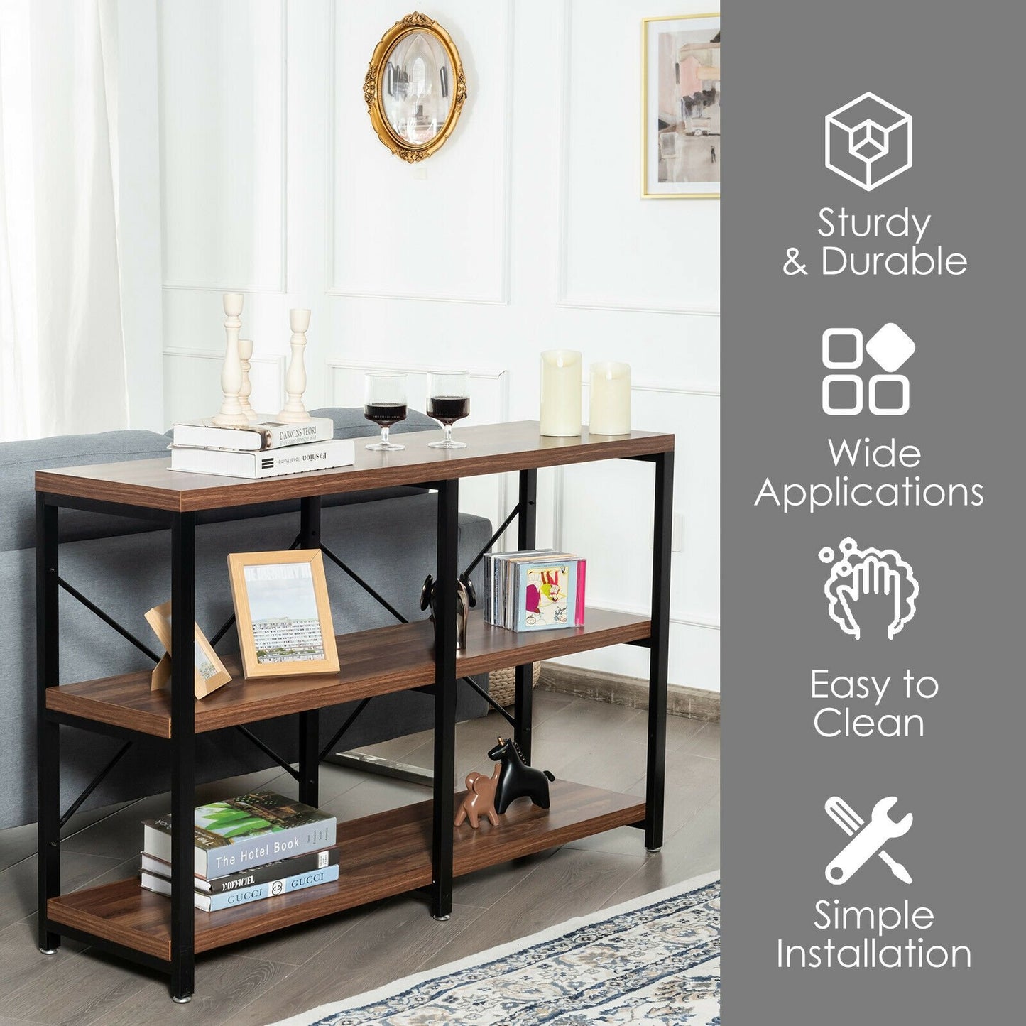 3 Tier 47 Inch Console Metal Frame Sofa Table-Natural