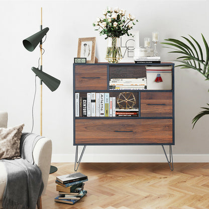 3-Tier Wood Storage Cabinet with Drawers and 4 Metal Legs