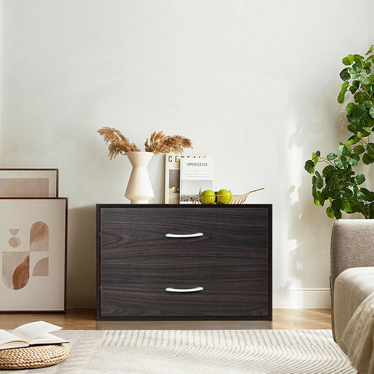 2-Drawer Stackable Horizontal Storage Cabinet Dresser Chest with Handles-Dark Brown