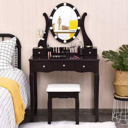 10 Dimmable Lights Vanity Table Set with Lighted Mirror and Cushioned Stool-Black