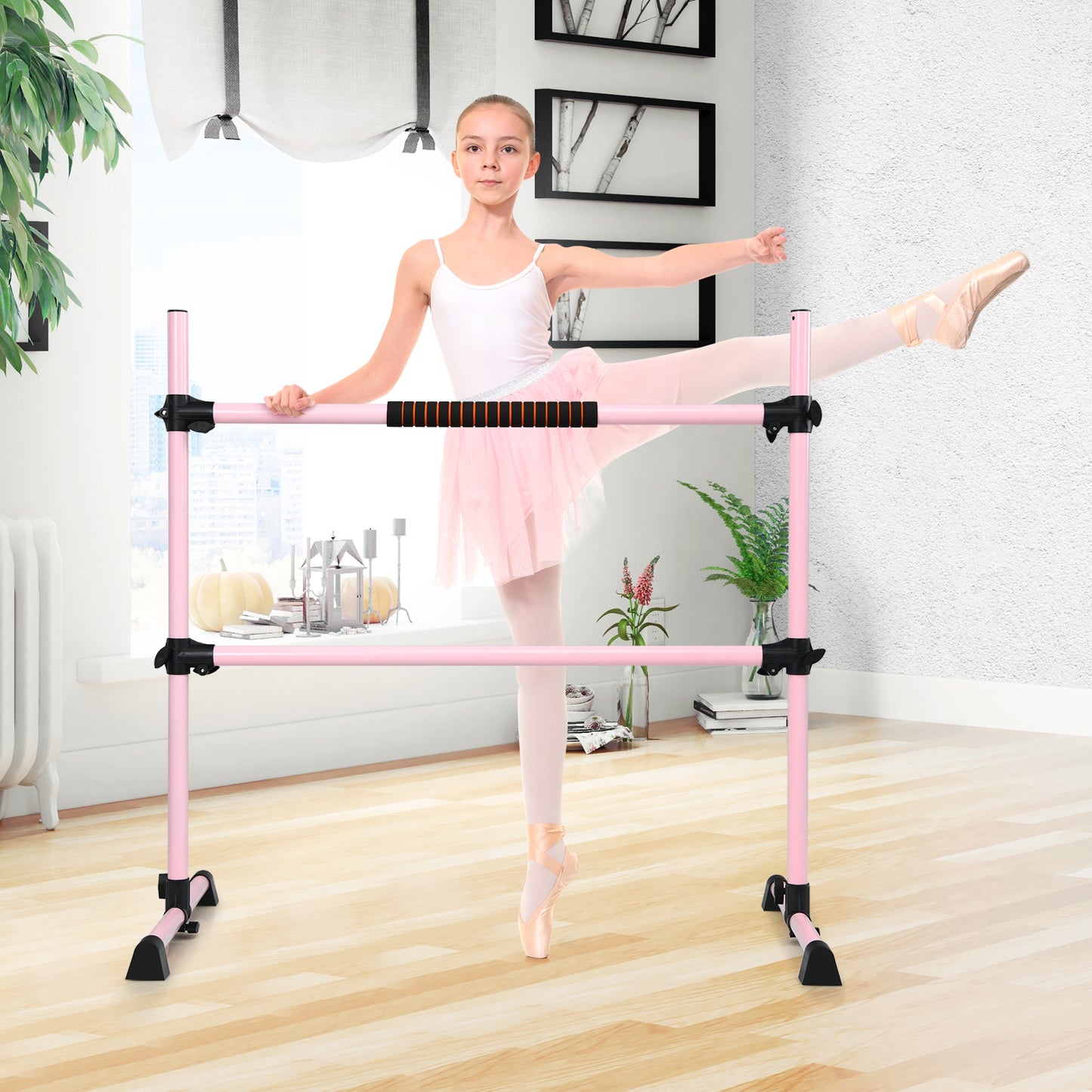 4 Feet Portable Freestanding Stable Construction Pilates Ballet Barre with Double Dance Bar-Gray