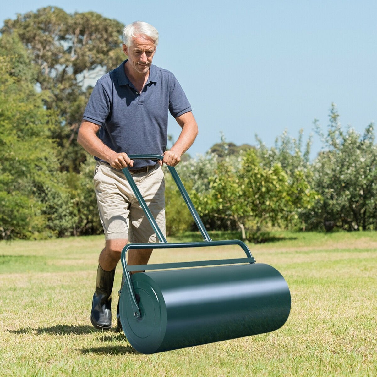 24 x 13 Inch Tow Lawn Roller Water Filled Metal Push Roller-Black