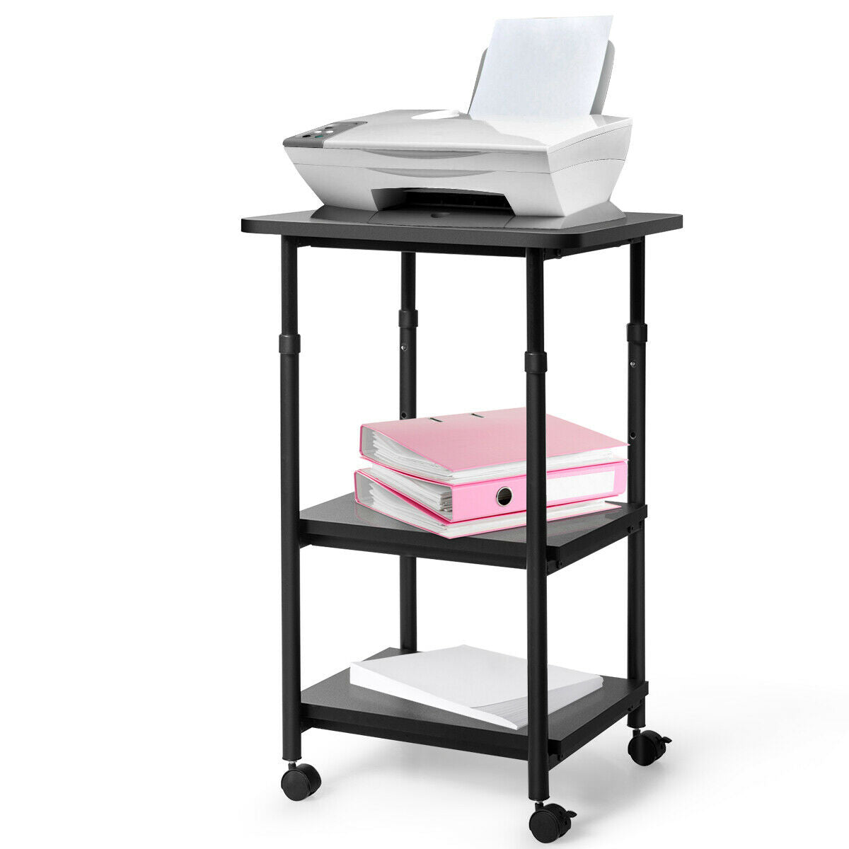 3-tier Adjustable Printer Stand with 360° Swivel Casters-Black