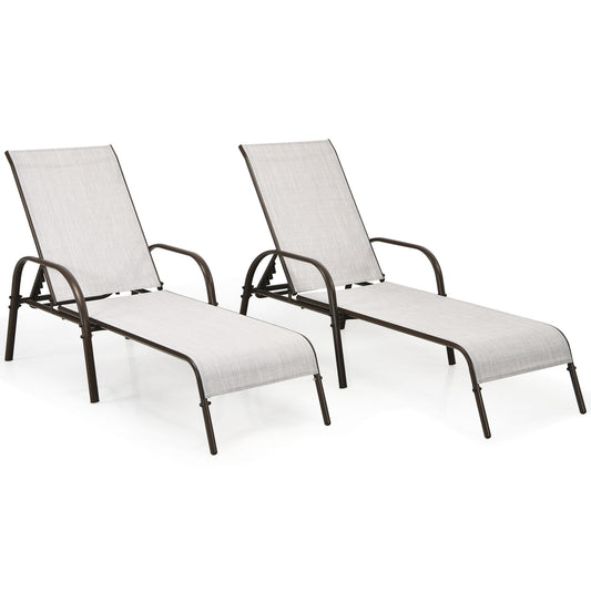2 Pieces Outdoor Patio Lounge Chair Chaise Fabric with Adjustable Reclining Armrest-Gray