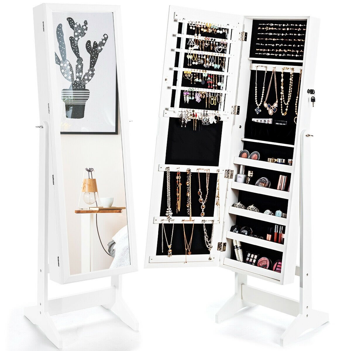 Jewelry Cabinet Stand Mirror Armoire with Large Storage Box-Black