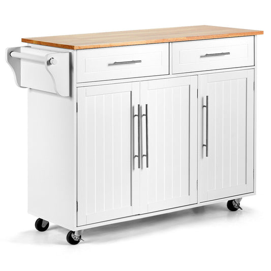 Kitchen Island Trolley Cart Wood Top Rolling Storage Cabinet-White