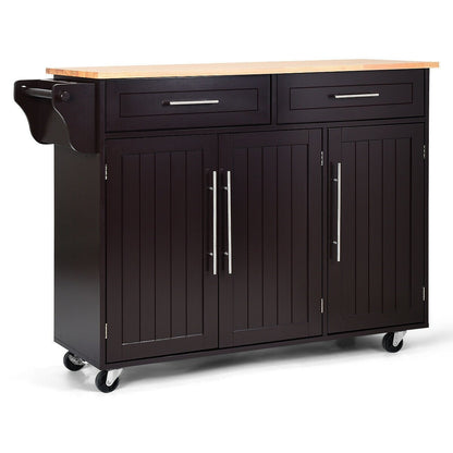 Kitchen Island Trolley Wood Top Rolling Storage Cabinet Cart with Knife Block-Black