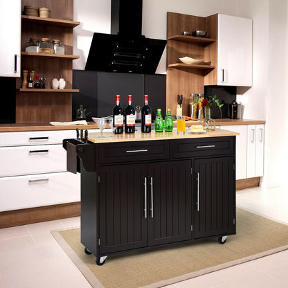 Kitchen Island Trolley Wood Top Rolling Storage Cabinet Cart with Knife Block-Black