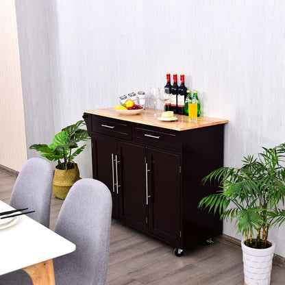 Kitchen Island Trolley Wood Top Rolling Storage Cabinet Cart with Knife Block-Black