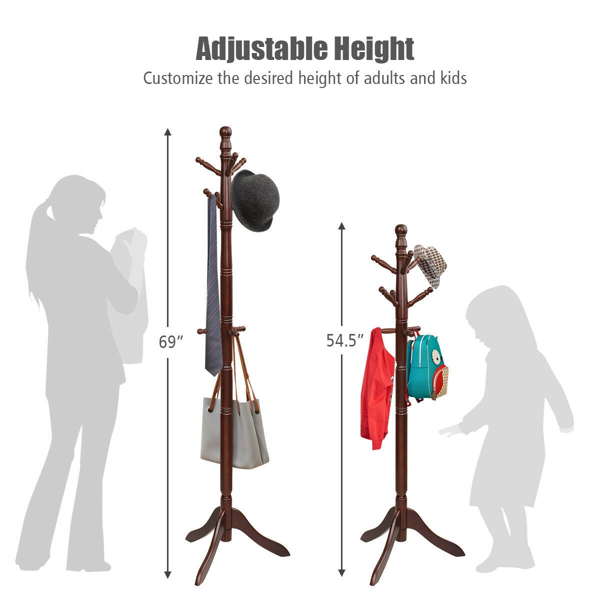 Adjustable Free Standing Wooden Coat Rack-Brown