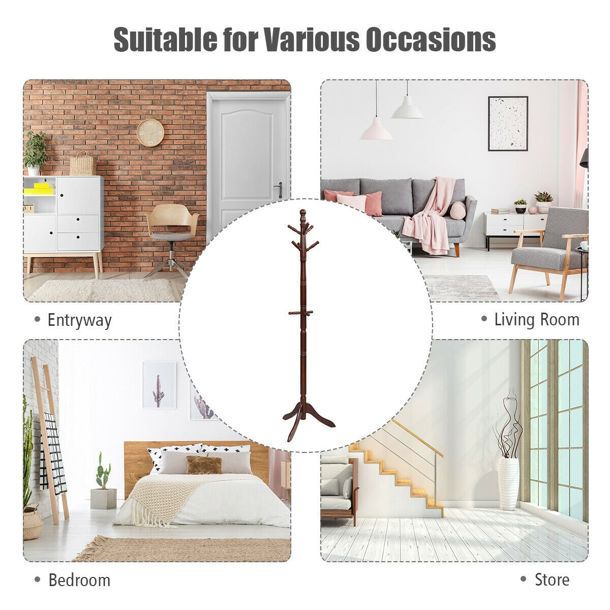 Adjustable Free Standing Wooden Coat Rack-Brown