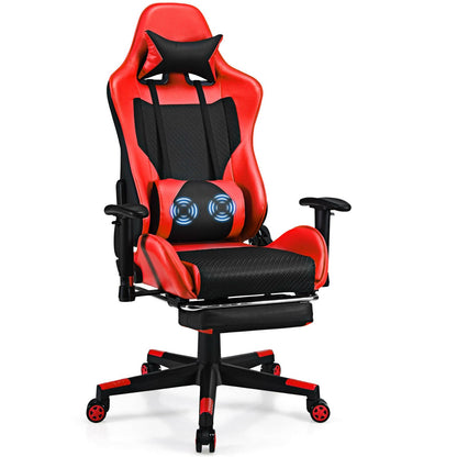 PU Leather Gaming Chair with USB Massage Lumbar Pillow and Footrest-Blue