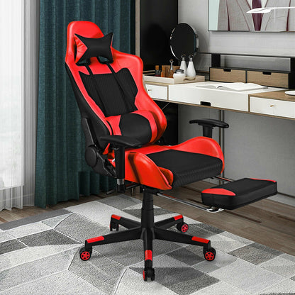 PU Leather Gaming Chair with USB Massage Lumbar Pillow and Footrest-Blue