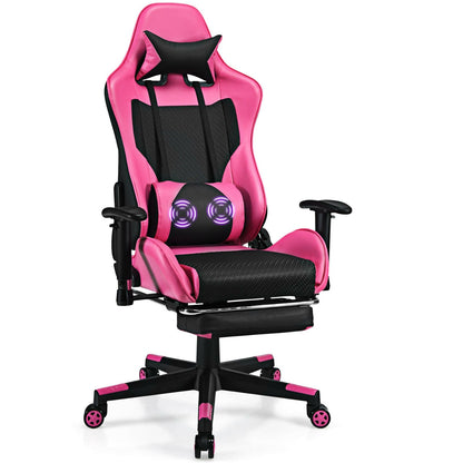 PU Leather Gaming Chair with USB Massage Lumbar Pillow and Footrest-Blue