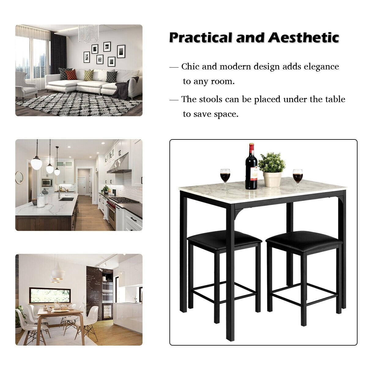 3 Pieces Counter Height Dining Set Faux Marble Table-Black