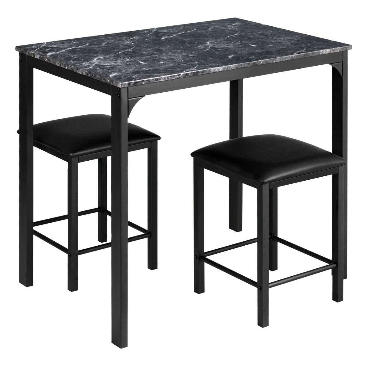 3 Pieces Counter Height Dining Set Faux Marble Table-Black
