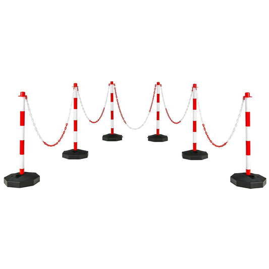 6 Pack 34 Inch Traffic Delineator Poles with 5 Feet Chains and Fillable Base-White