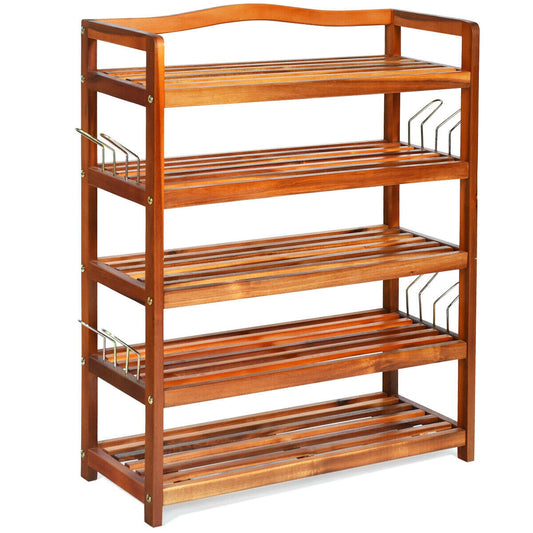 5-tier acacia wood shoe rack with side metal hooks, entryway furniture for organizing shoes and accessories.