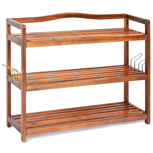 3-tier acacia wood shoe rack with side metal hooks, ideal for entryway storage and organization.