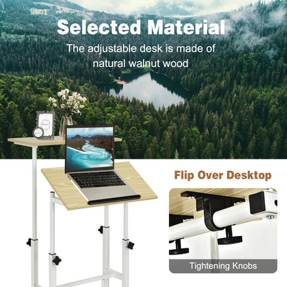 Height Adjustable Mobile Standing Desk with rolling wheels for office and home-Natural