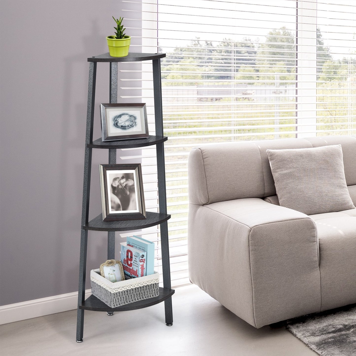 4-Tier Corner Shelf Metal Storage Rack Domestic Bookcase-Brown