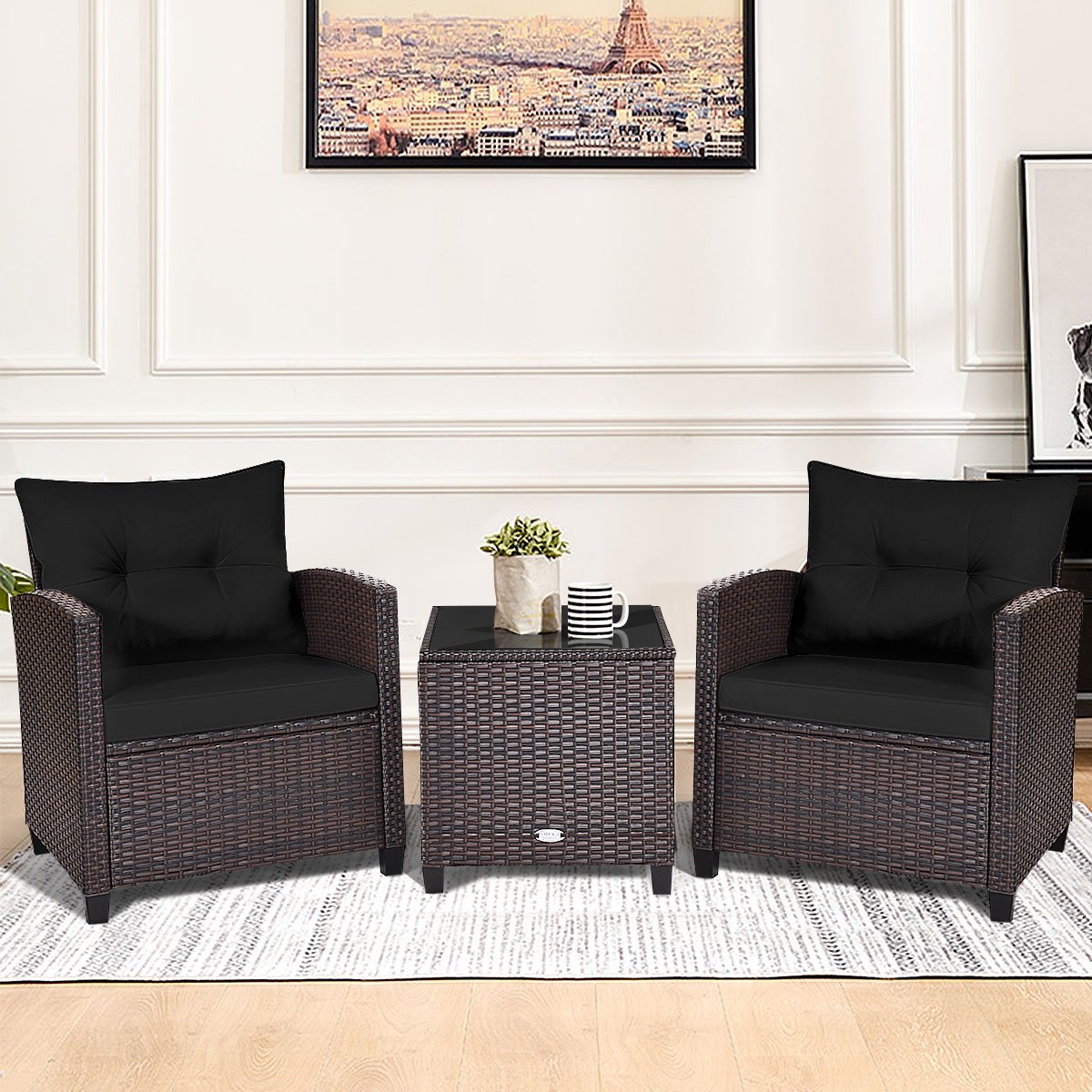 3 Pieces Patio Rattan Furniture Set with 4 Removable Cushions