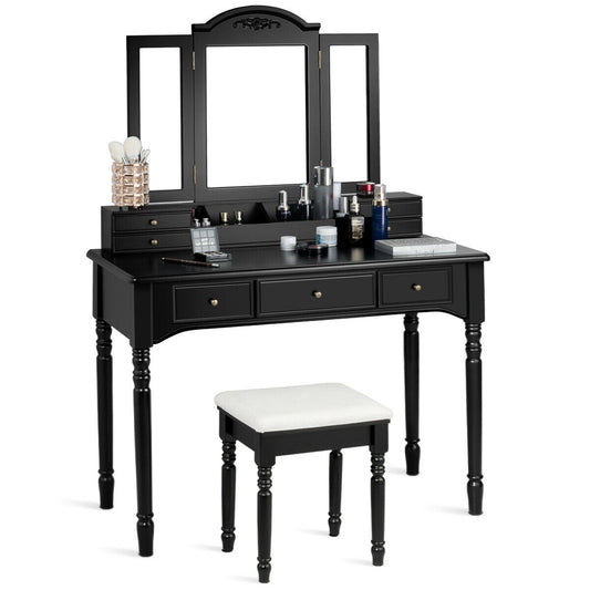Makeup Dressing Table with Tri-Folding Mirror and Cushioned Stool for Women-Black