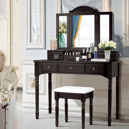 Makeup Dressing Table with Tri-Folding Mirror and Cushioned Stool for Women-Brown