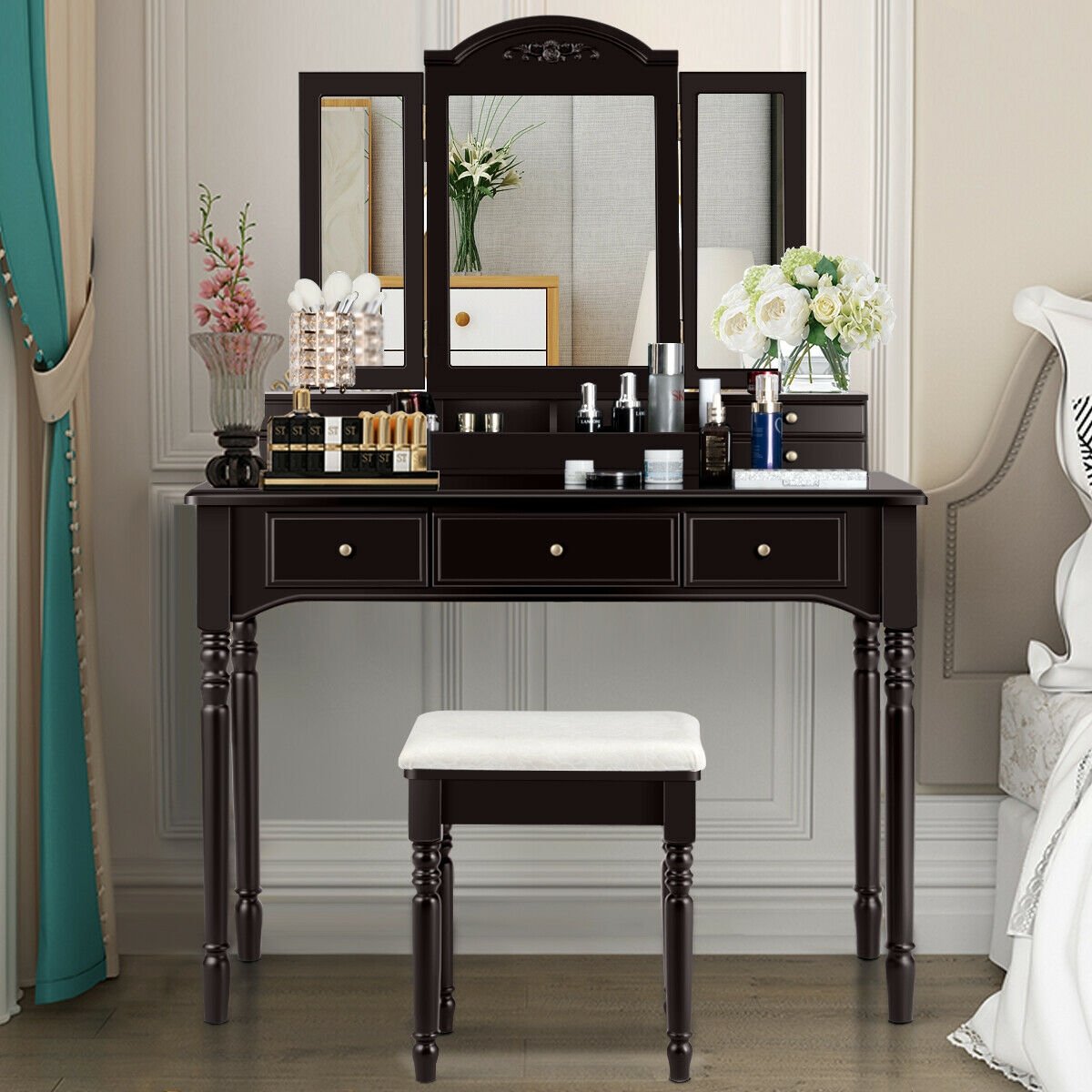 Makeup Dressing Table with Tri-Folding Mirror and Cushioned Stool for Women-Brown