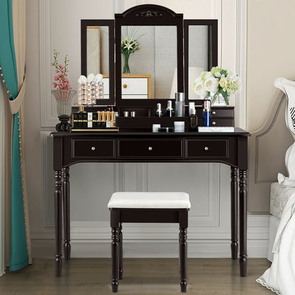 Makeup Dressing Table with Tri-Folding Mirror and Cushioned Stool for Women-Brown