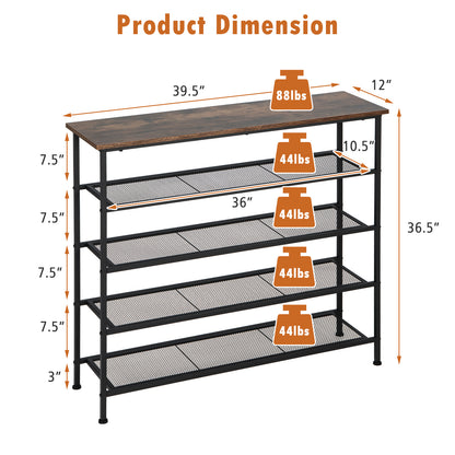 Industrial Adjustable 5-Tier Metal Shoe Rack with 4 Shelves for 16-20 Pairs